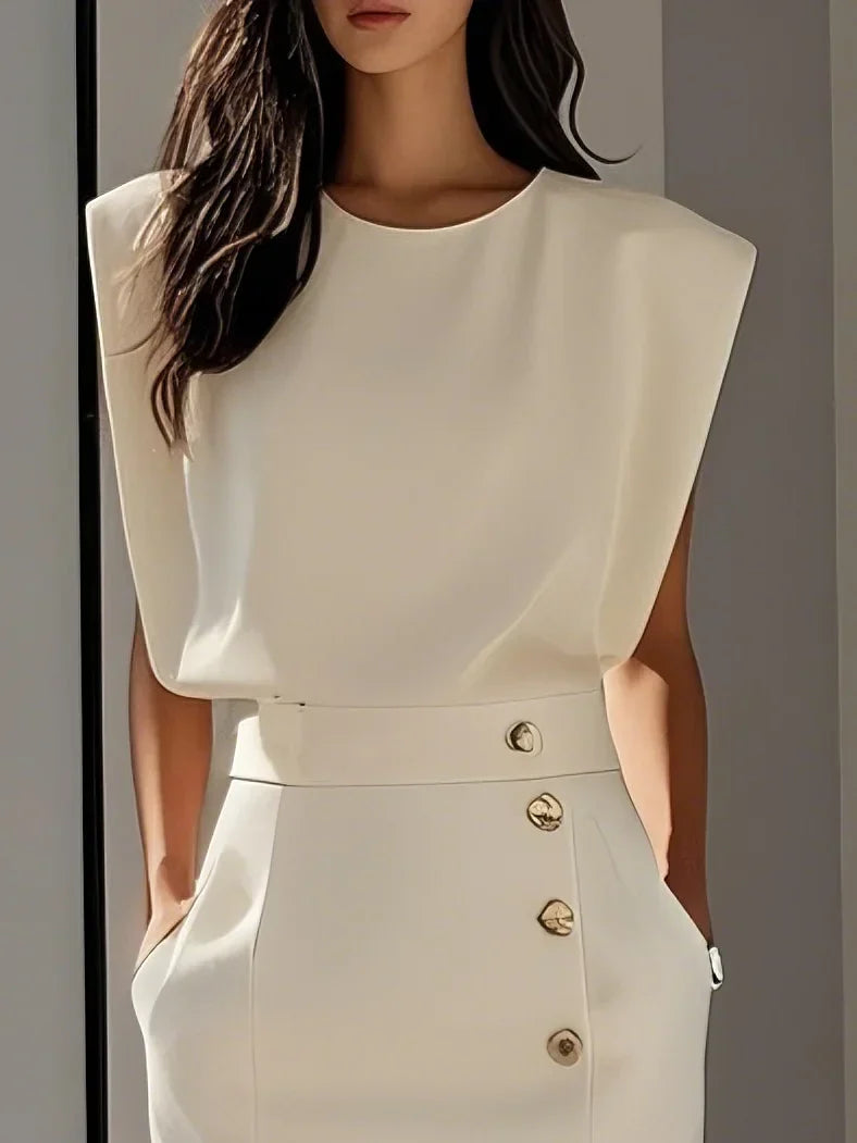 Malene™ | Robe midi unie avec fente à boutons et décolleté rond