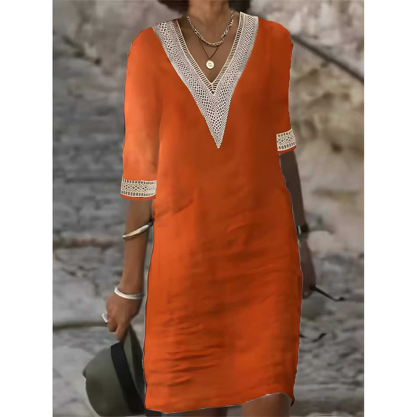 Isabeau™ | Robe midi à col en V et dentelle contrastante
