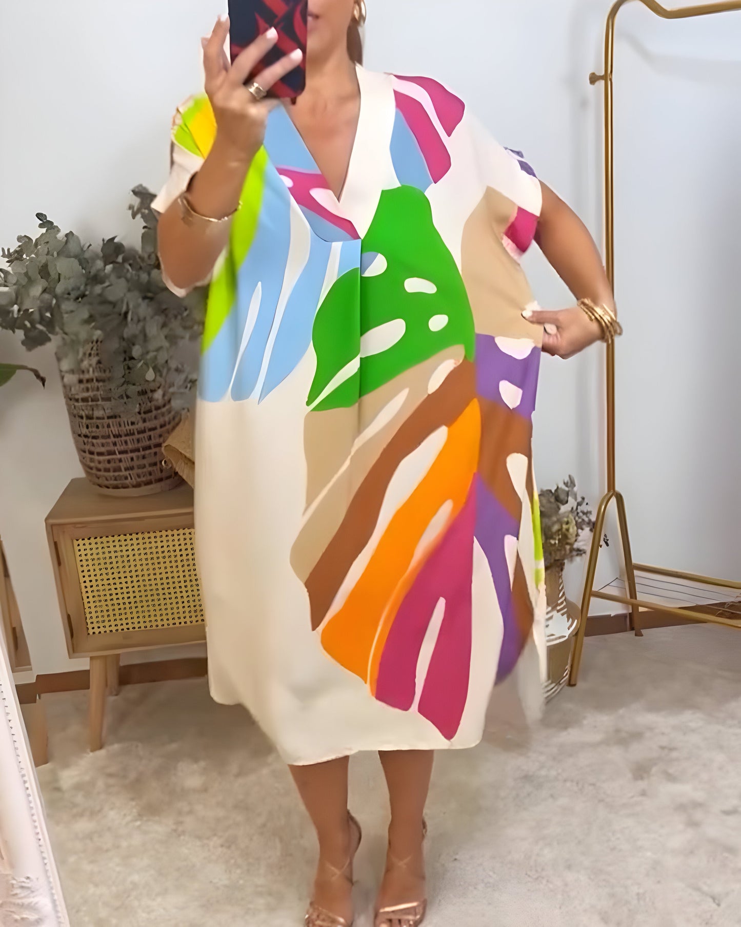 Rosé™ | Robe Décontractée avec Imprimé Feuilles Colorées