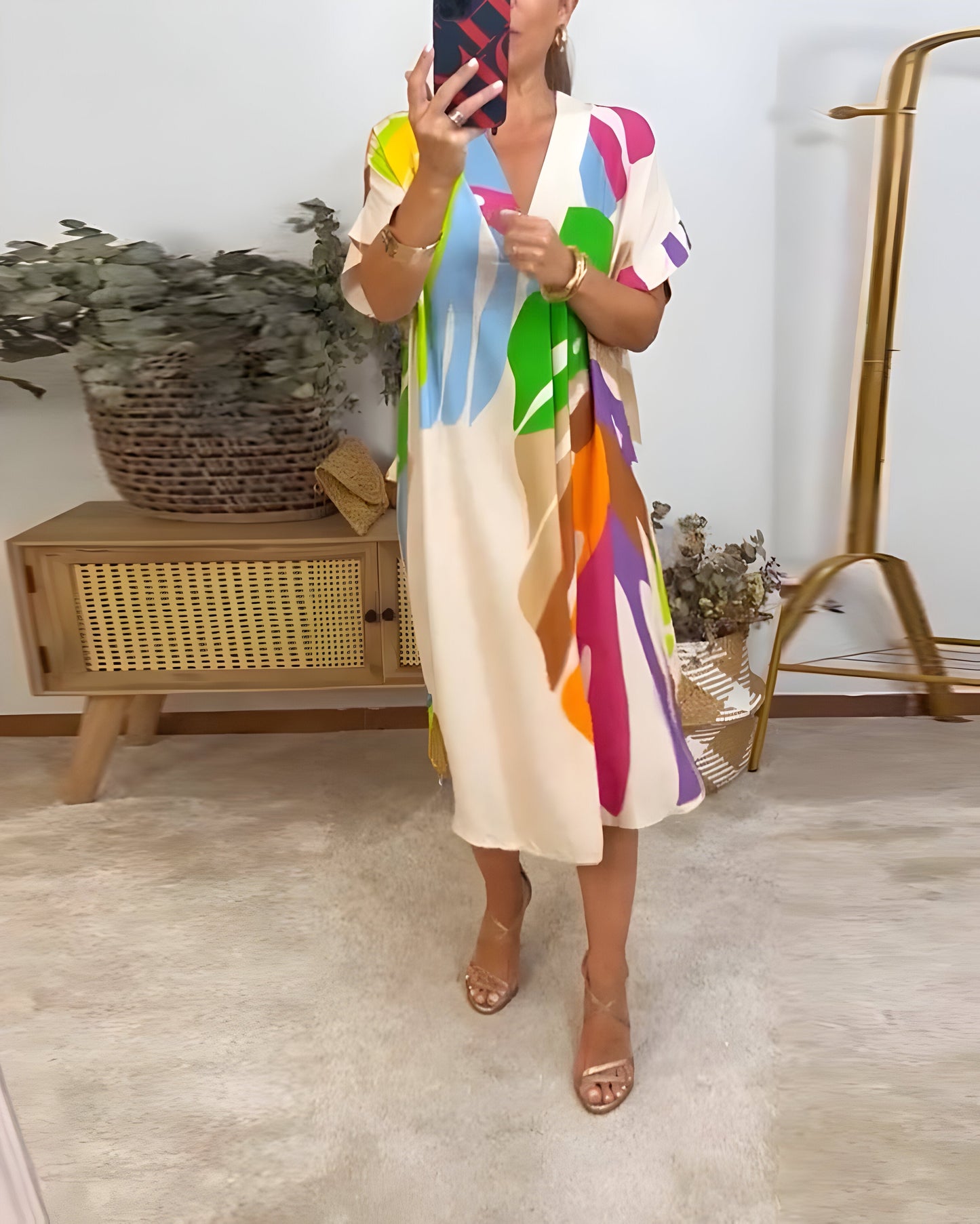 Rosé™ | Robe Décontractée avec Imprimé Feuilles Colorées