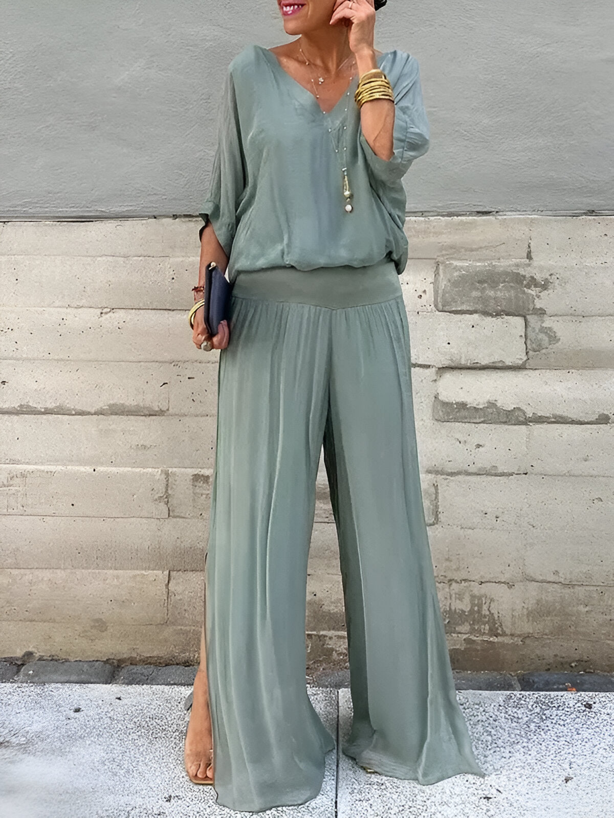 Louise™ | Ensemble élégant top col en V et pantalon
