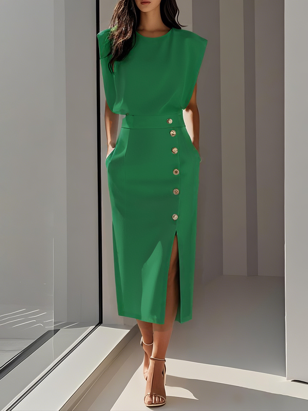 Malene™ | Robe midi unie avec fente à boutons et décolleté rond