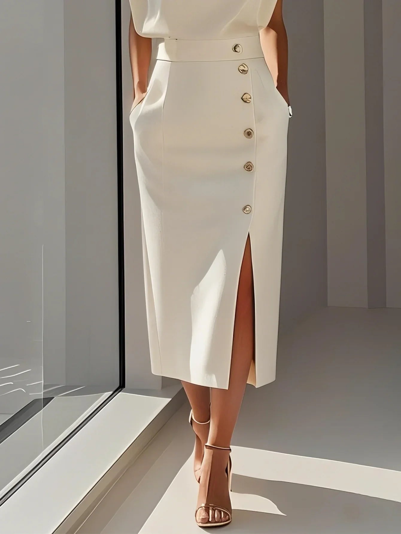 Malene™ | Robe midi unie avec fente à boutons et décolleté rond