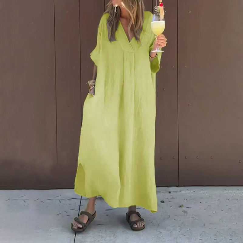 Luna™ | Robe en Mélange de Coton avec Décolleté en V