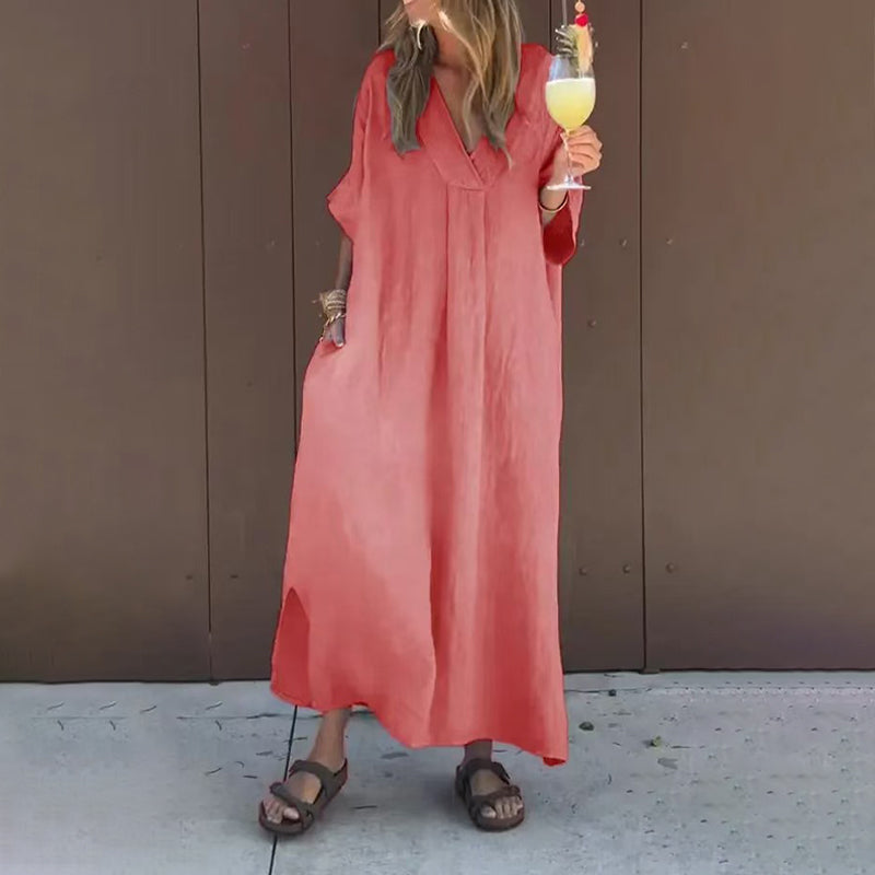 Luna™ | Robe en Mélange de Coton avec Décolleté en V