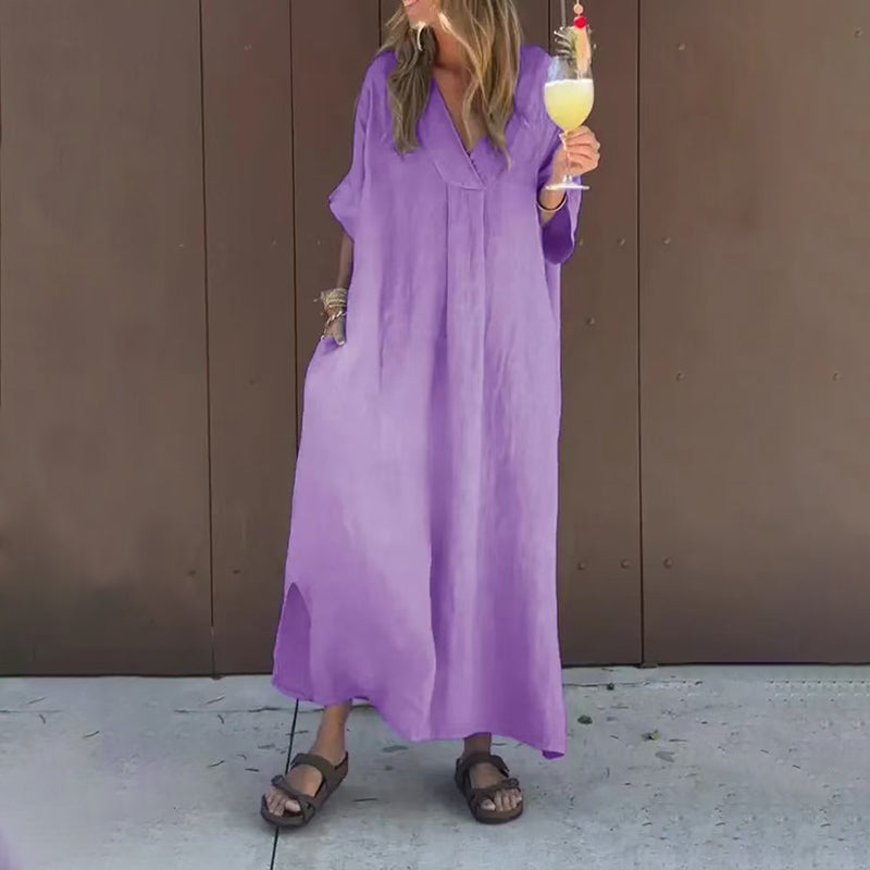 Luna™ | Robe en Mélange de Coton avec Décolleté en V
