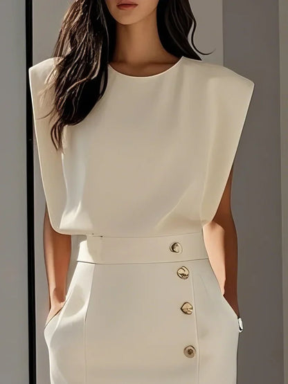 Malene™ | Robe midi unie avec fente à boutons et décolleté rond