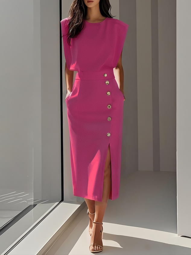 Malene™ | Robe midi unie avec fente à boutons et décolleté rond