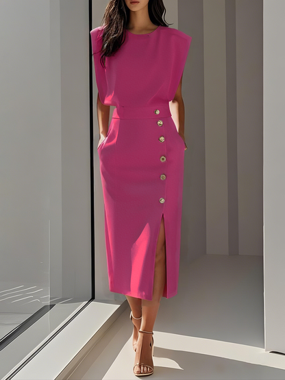 Malene™ | Robe midi unie avec fente à boutons et décolleté rond