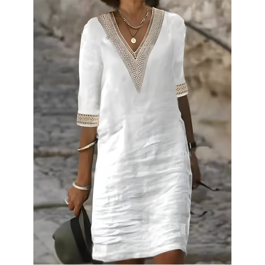 Isabeau™ | Robe midi à col en V et dentelle contrastante