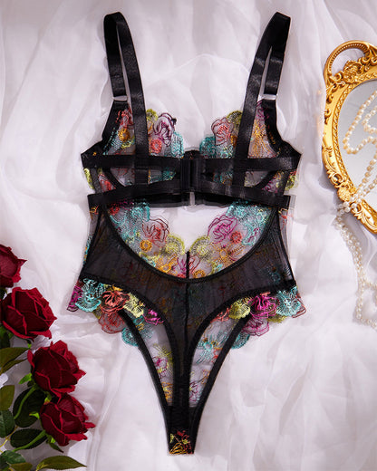 Monica™ | Ensemble de Lingerie en Mesh Élégant avec Broderie Florale & Détails Découpés