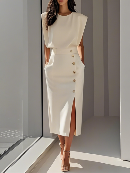Malene™ | Robe midi unie avec fente à boutons et décolleté rond