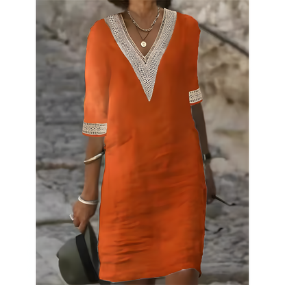 Isabeau™ | Robe midi à col en V et dentelle contrastante