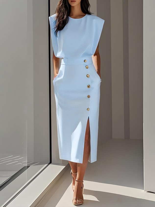 Malene™ | Robe midi unie avec fente à boutons et décolleté rond