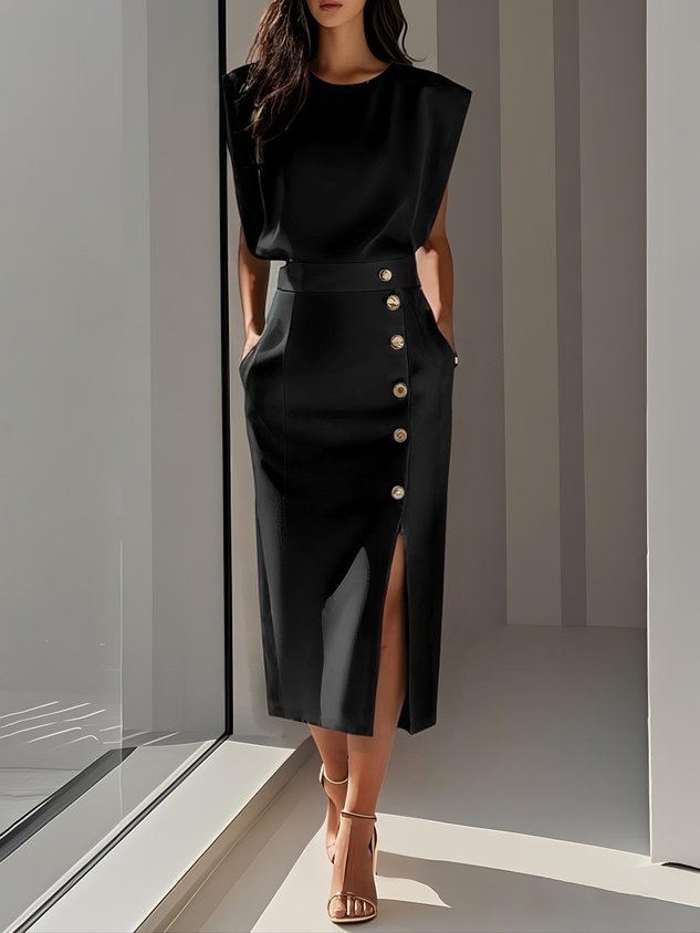 Malene™ | Robe midi unie avec fente à boutons et décolleté rond