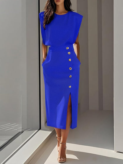 Malene™ | Robe midi unie avec fente à boutons et décolleté rond