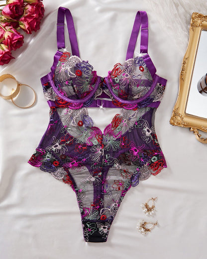 Monica™ | Ensemble de Lingerie en Mesh Élégant avec Broderie Florale & Détails Découpés