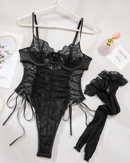 Christina™ | Body transparent à dentelle avec motif floral et nœud sur le côté