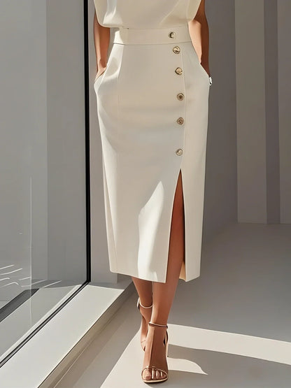 Malene™ | Robe midi unie avec fente à boutons et décolleté rond