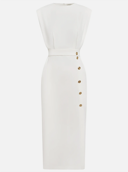 Malene™ | Robe midi unie avec fente à boutons et décolleté rond