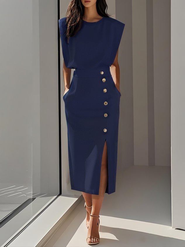 Malene™ | Robe midi unie avec fente à boutons et décolleté rond