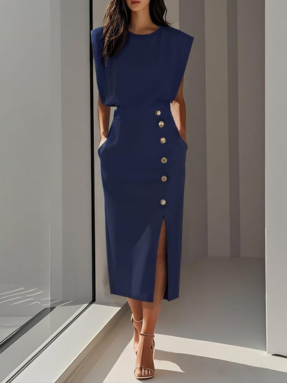 Malene™ | Robe midi unie avec fente à boutons et décolleté rond